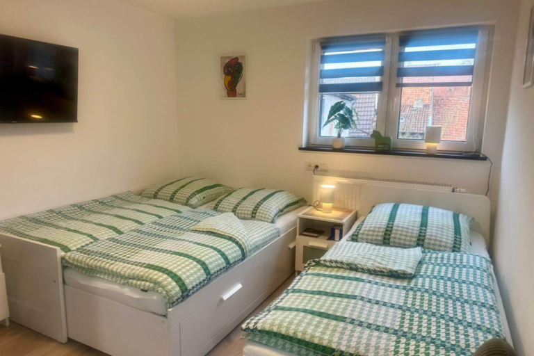 Wohn- und Schlafbereich mit Ausziehbett und grauer Couch unter der Dachschräge