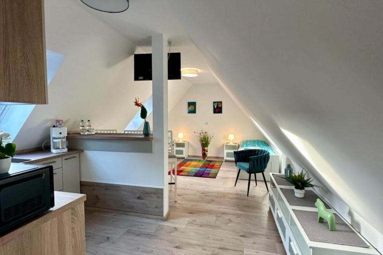 Moderne Frühstücksbar mit TV unter dem Dach in der Ferienwohnung