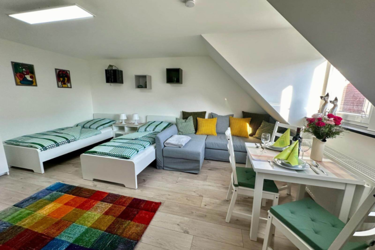 Wohn- und Schlafbereich mit Einzelbett und grauer Couch unter der Dachschräge