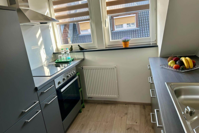 Moderne graue Küche mit Backofen, Dunstabzug und Fenster