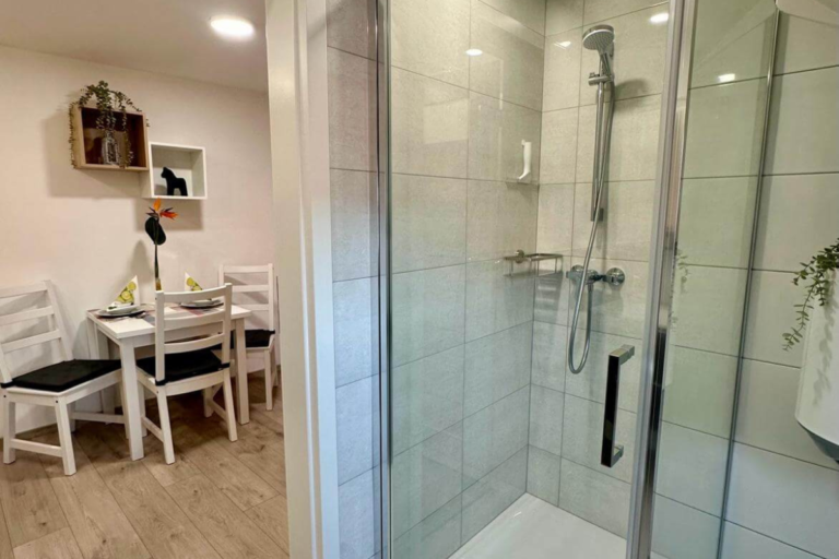 Moderne Dusche mit Blick zur Wohnküche